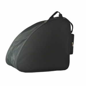 Zijprofiel van de zwarte schoenentas, perfect voor het vervoeren van schoenen.